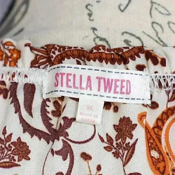 Stella Tweed XL paisly print brown/orange/tan tie front pullover shirt - Picture 12 of 14